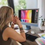 Kreatywna młoda kobieta pracująca przy komputerze, rozmyśla nad doborem kolorystyki.