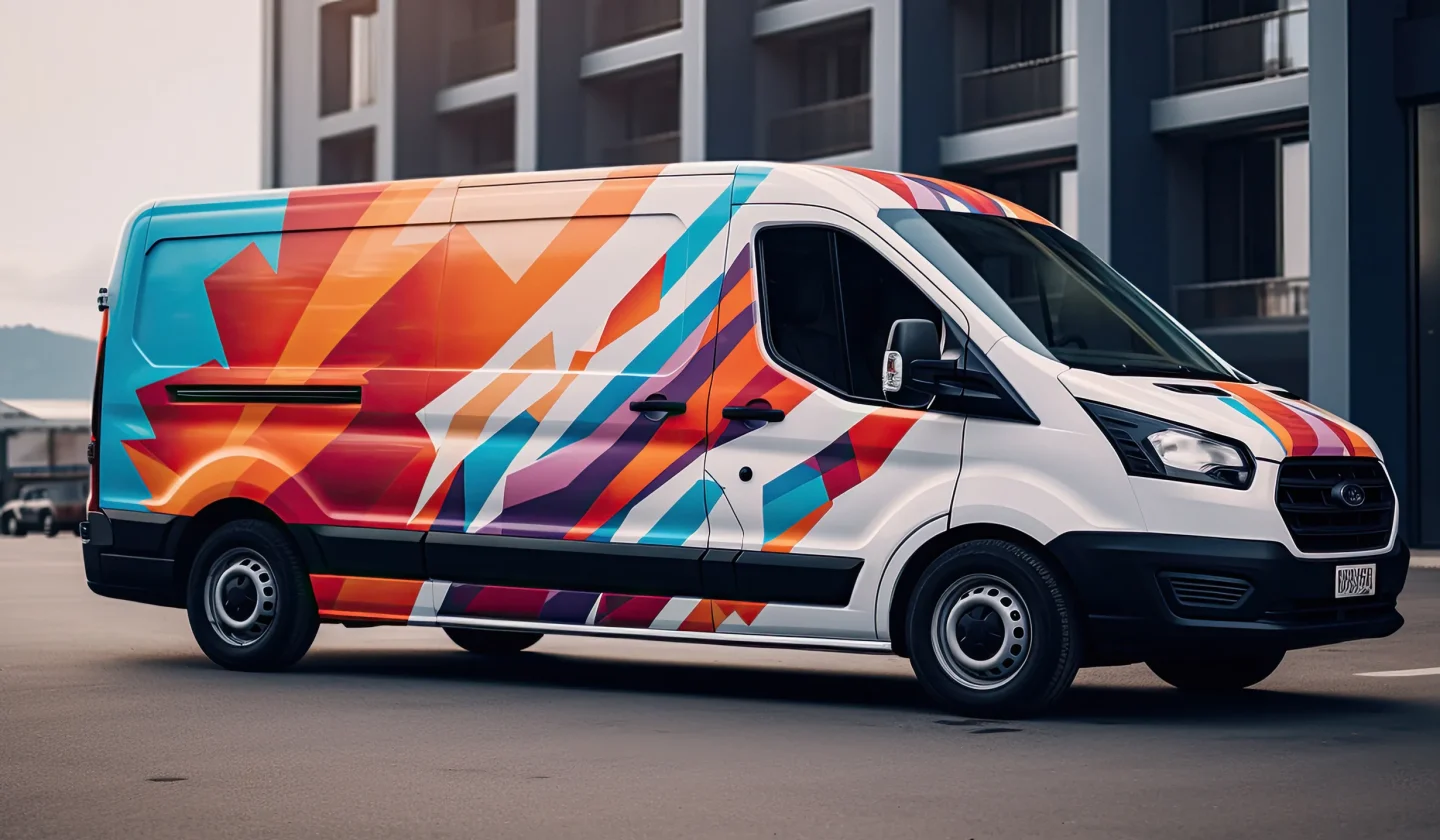 Samochód dostawczy stojący przed biurowcem oklejony kolorową folią